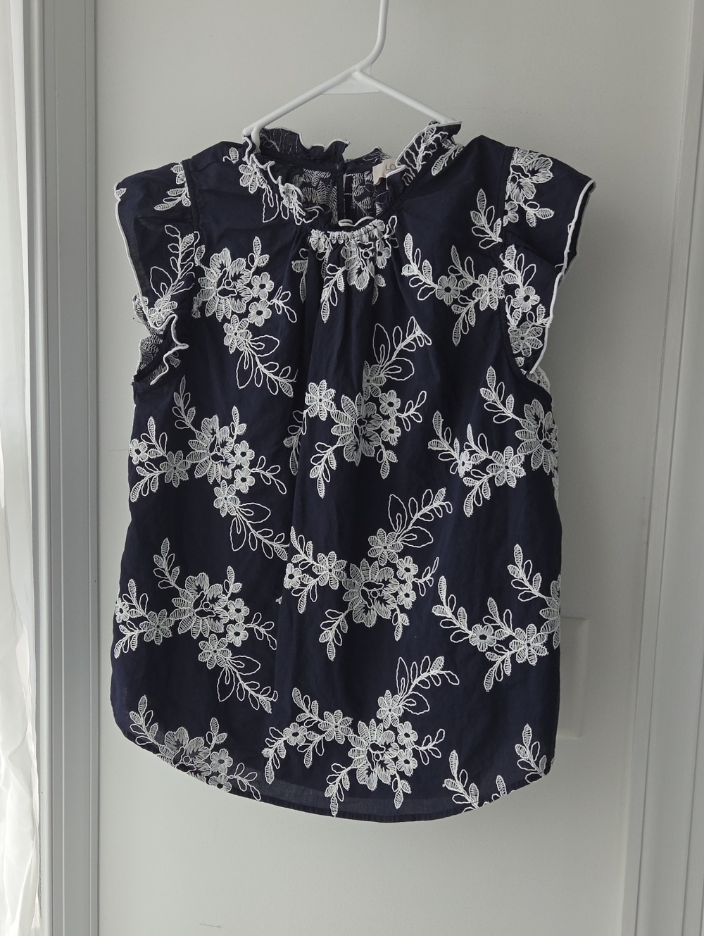 LOFT Navy Blue Floral Embroidered Ruffle Neck Blouse